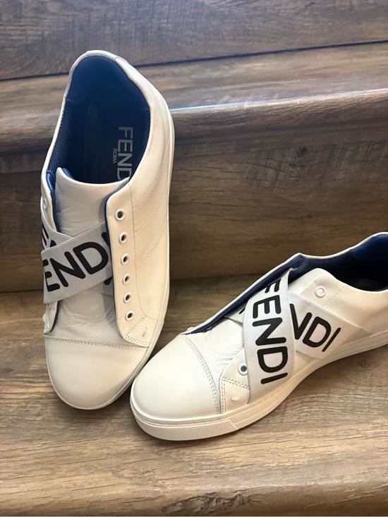 Fendi Shoes - Fendi White Leather Low-Top Sneakers with Black Logo Strap